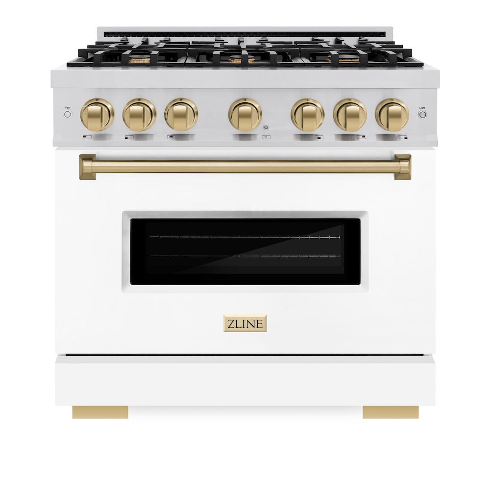 ZLINE Autograph Edition 36 in. 5.2 cu. ft. Classic Gas Range with 6 Burner Cooktop and Convection Gas Oven in Stainless Steel with White Matte Door and Champagne Bronze Accents, Open Box-Great Condition
