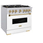 ZLINE Autograph Edition 36 in. 5.2 cu. ft. Classic Gas Range with 6 Burner Cooktop and Convection Gas Oven in Stainless Steel with White Matte Door and Champagne Bronze Accents, Open Box-Good Condition