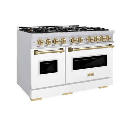 ZLINE Autograph Edition 48 in. 6.7 cu. ft. Classic Double Oven Gas Range with 8 Burner Cooktop in Stainless Steel with White Matte Doors and Champagne Bronze Accents, Open Box-Good Condition