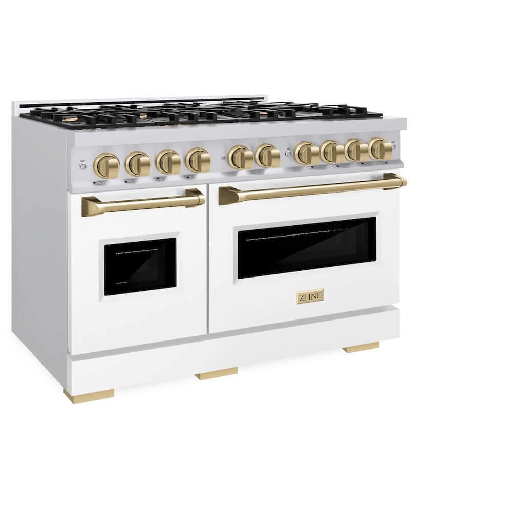 ZLINE Autograph Edition 48 in. 6.7 cu. ft. Classic Double Oven Gas Range with 8 Burner Cooktop in Stainless Steel with White Matte Doors and Champagne Bronze Accents, Open Box-Good Condition