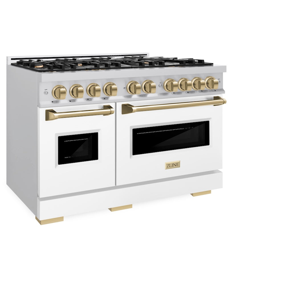ZLINE Autograph Edition 48 in. 6.7 cu. ft. Classic Double Oven Gas Range with 8 Burner Cooktop in Stainless Steel with White Matte Doors and Champagne Bronze Accents, Open Box-Great Condition