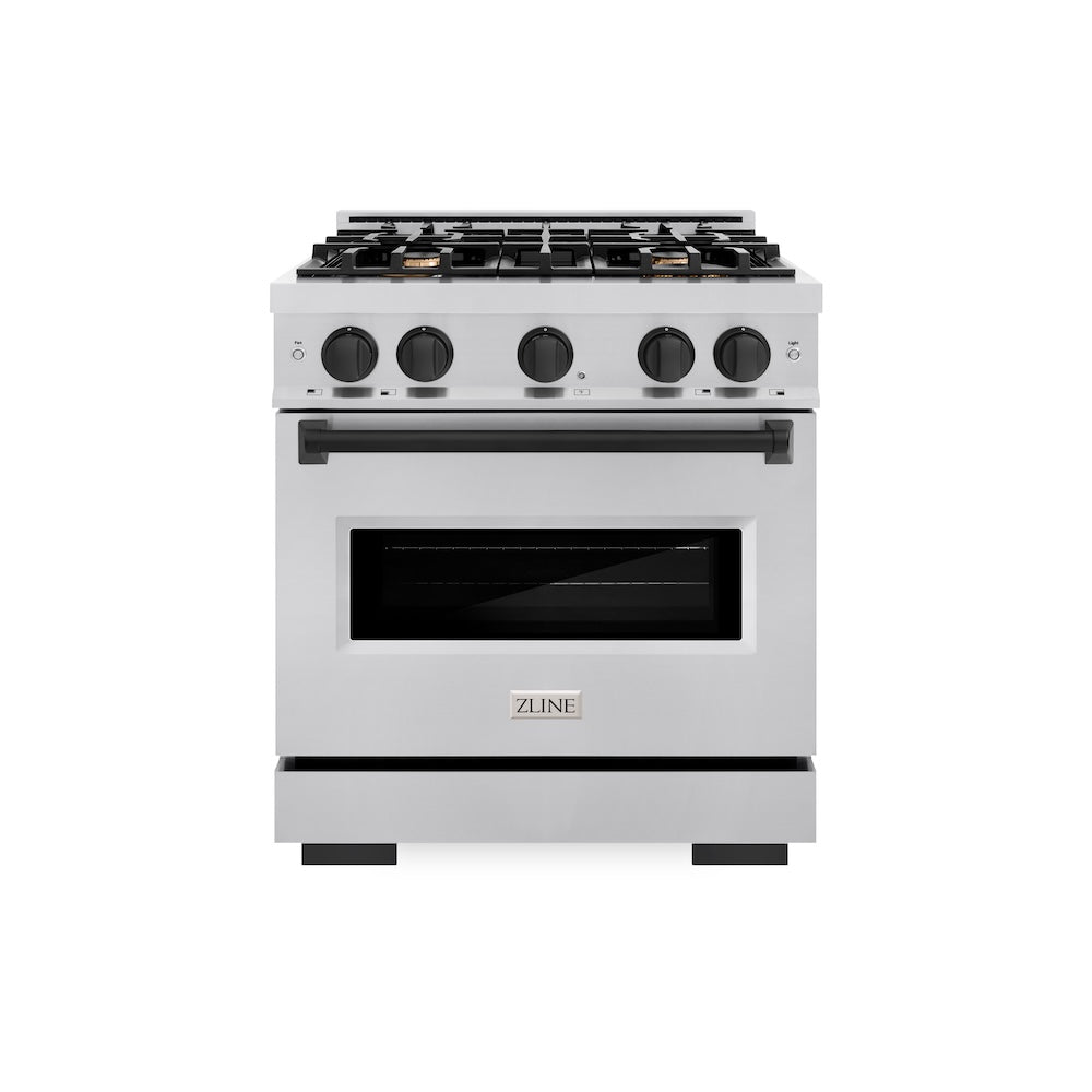 ZLINE Autograph Edition 30 in. 4.2 cu. ft. Classic Gas Range with 4 Burner Cooktop and Convection Gas Oven in Stainless Steel and Matte Black Accents, Open Box-Great Condition