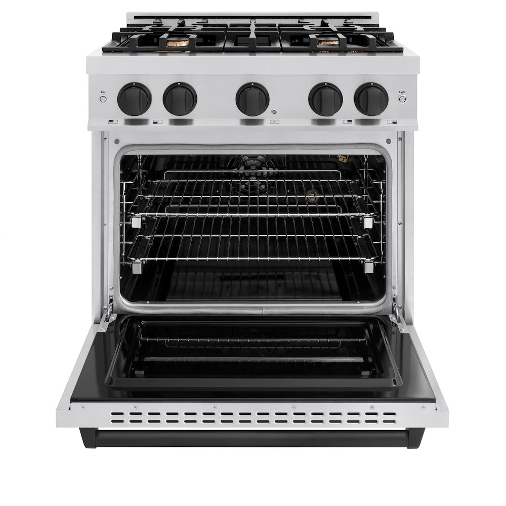 ZLINE Autograph Edition 30 in. 4.2 cu. ft. Classic Gas Range with 4 Burner Cooktop and Convection Gas Oven in Stainless Steel and Matte Black Accents, Open Box-Great Condition