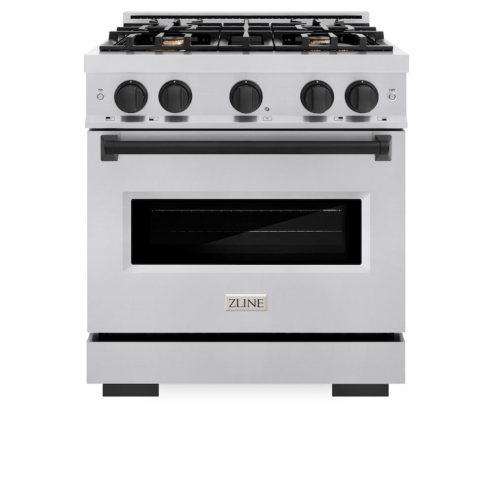 ZLINE Autograph Edition 30 in. 4.2 cu. ft. Classic Gas Range with 4 Burner Cooktop and Convection Gas Oven in Stainless Steel and Matte Black Accents, Open Box-Great Condition