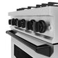 ZLINE Autograph Edition 30 in. 4.2 cu. ft. Classic Gas Range with 4 Burner Cooktop and Convection Gas Oven in Stainless Steel and Matte Black Accents (CGRZ-30-MB) close-up detail, cooktop and oven knobs about oven door handle.