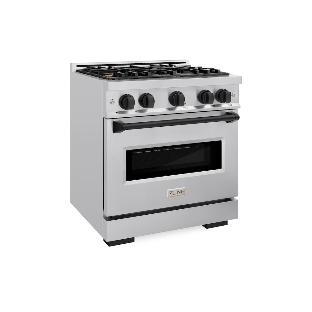 ZLINE Autograph Edition 30 in. 4.2 cu. ft. Classic Gas Range with 4 Burner Cooktop and Convection Gas Oven in Stainless Steel and Matte Black Accents (CGRZ-30-MB) main image.