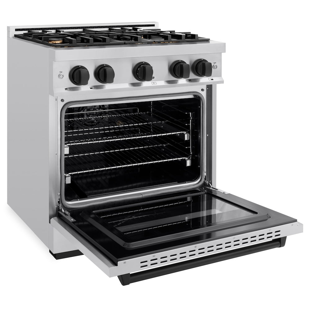 ZLINE Autograph Edition 30 in. 4.2 cu. ft. Classic Gas Range with 4 Burner Cooktop and Convection Gas Oven in Stainless Steel and Matte Black Accents (CGRZ-30-MB) side, open.