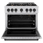 ZLINE Autograph Edition 36 in. 5.2 cu. ft. Classic Gas Range with 6 Burner Cooktop and Convection Gas Oven in Stainless Steel and Matte Black Accents (CGRZ-36-MB) front, oven open.