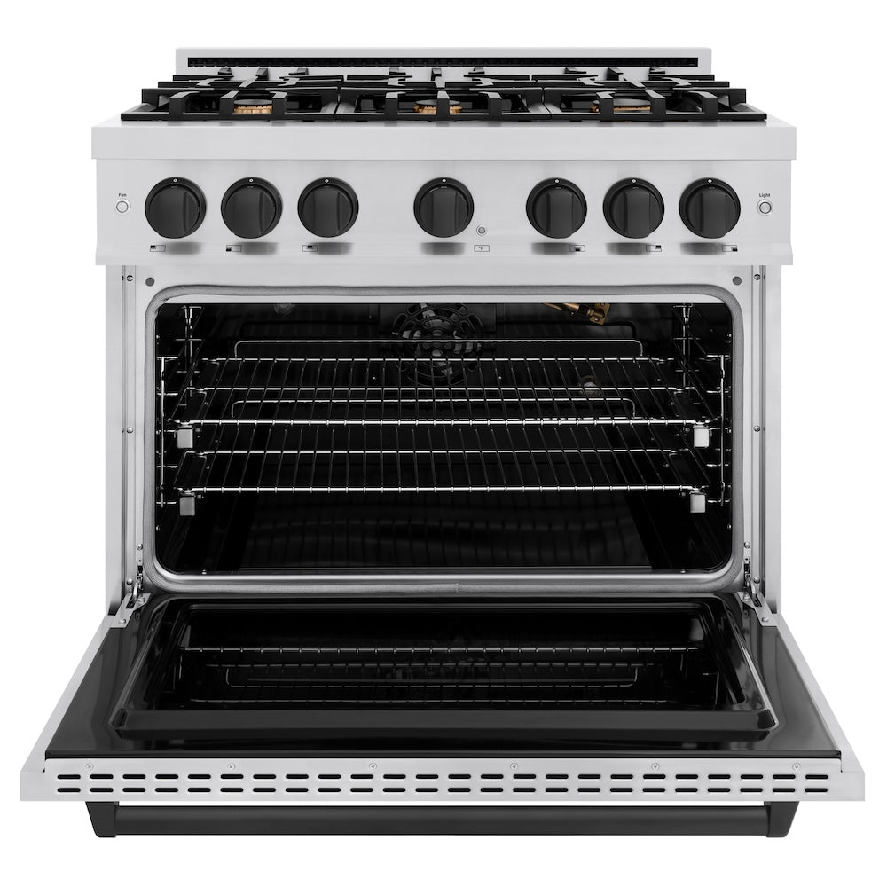 ZLINE Autograph Edition 36 in. 5.2 cu. ft. Classic Gas Range with 6 Burner Cooktop and Convection Gas Oven in Stainless Steel and Matte Black Accents (CGRZ-36-MB) front, oven open.