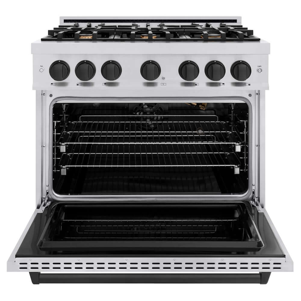 ZLINE Autograph Edition 36 in. 5.2 cu. ft. Classic Gas Range with 6 Burner Cooktop and Convection Gas Oven in Stainless Steel and Matte Black Accents, Open Box-Good Condition