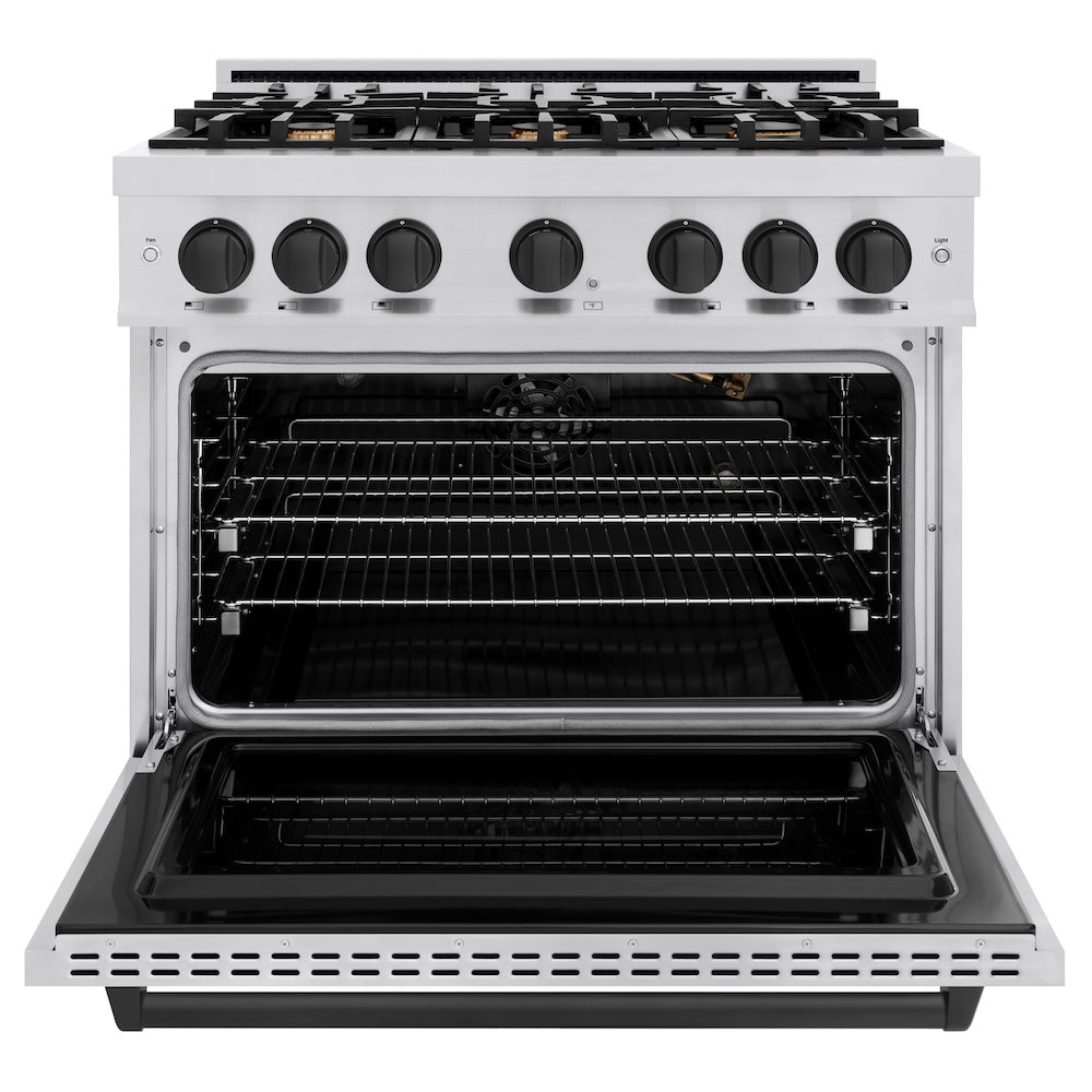 ZLINE Autograph Edition 36 in. 5.2 cu. ft. Classic Gas Range with 6 Burner Cooktop and Convection Gas Oven in Stainless Steel and Matte Black Accents, Open Box-Great Condition