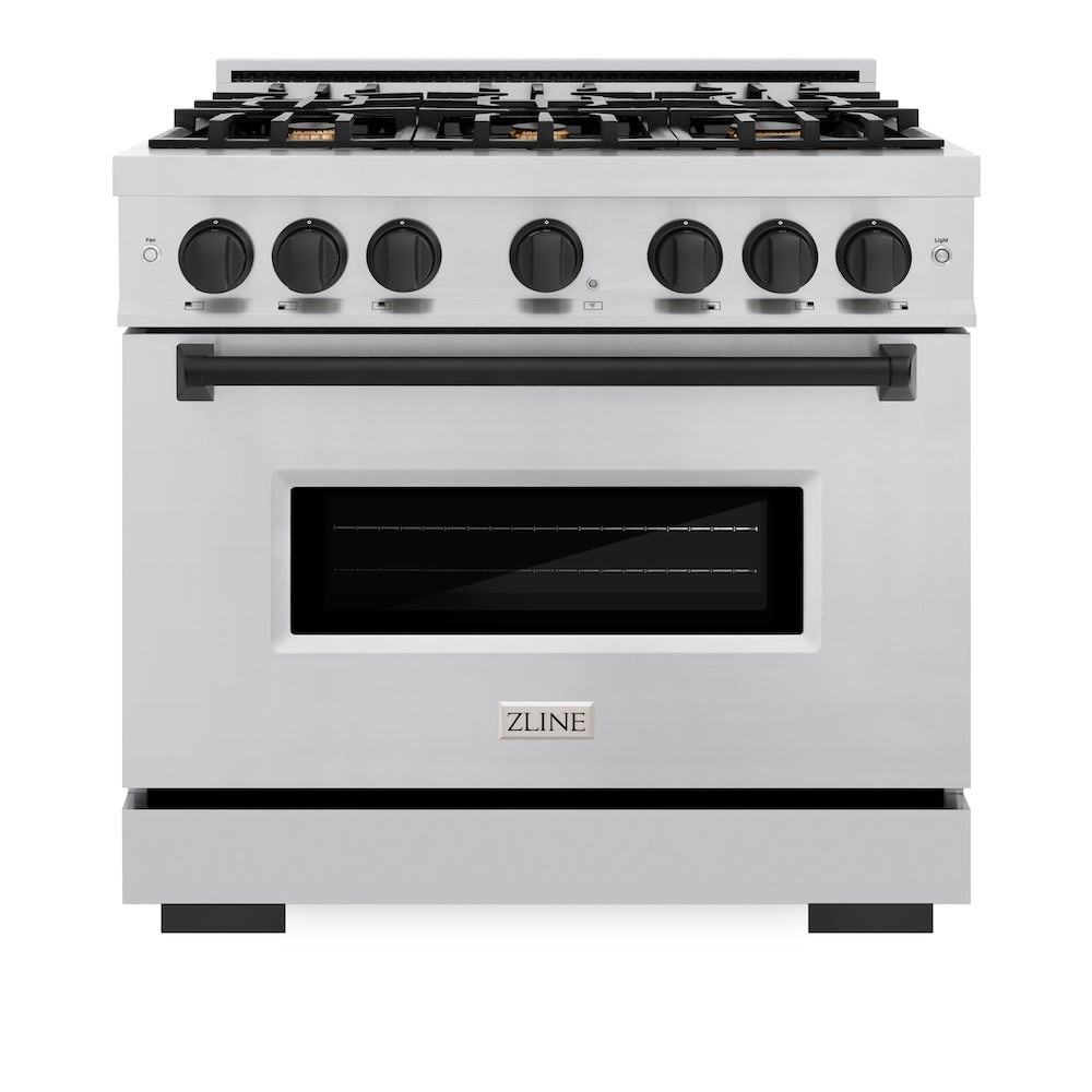 ZLINE Autograph Edition 36 in. 5.2 cu. ft. Classic Gas Range with 6 Burner Cooktop and Convection Gas Oven in Stainless Steel and Matte Black Accents (CGRZ-36-MB) front, oven closed.