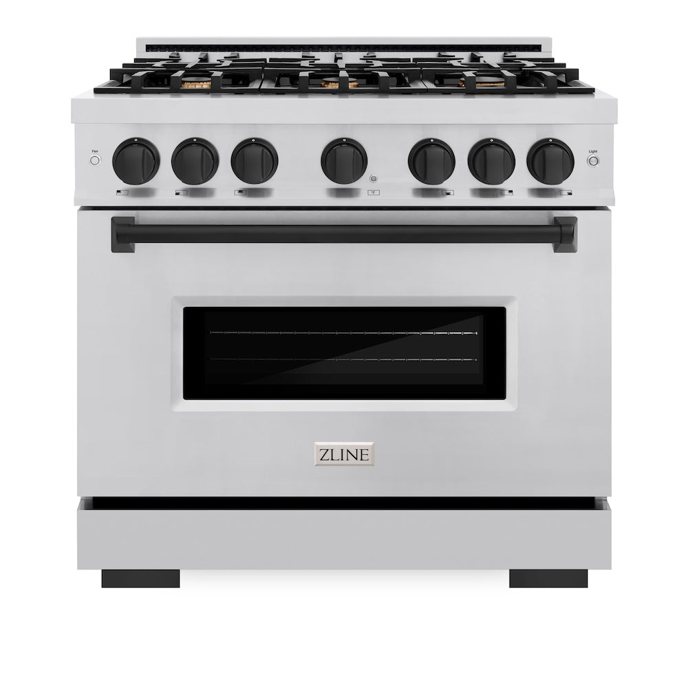 ZLINE Autograph Edition 36 in. 5.2 cu. ft. Classic Gas Range with 6 Burner Cooktop and Convection Gas Oven in Stainless Steel and Matte Black Accents, Open Box-Great Condition