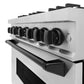ZLINE Autograph Edition 36 in. 5.2 cu. ft. Classic Gas Range with 6 Burner Cooktop and Convection Gas Oven in Stainless Steel and Matte Black Accents (CGRZ-36-MB) close-up detail, cooktop and oven knobs about oven door handle.