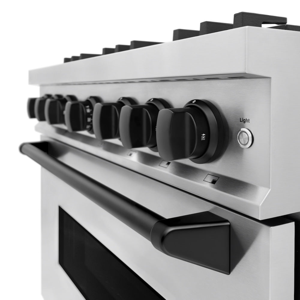 ZLINE Autograph Edition 36 in. 5.2 cu. ft. Classic Gas Range with 6 Burner Cooktop and Convection Gas Oven in Stainless Steel and Matte Black Accents (CGRZ-36-MB) close-up detail, cooktop and oven knobs about oven door handle.