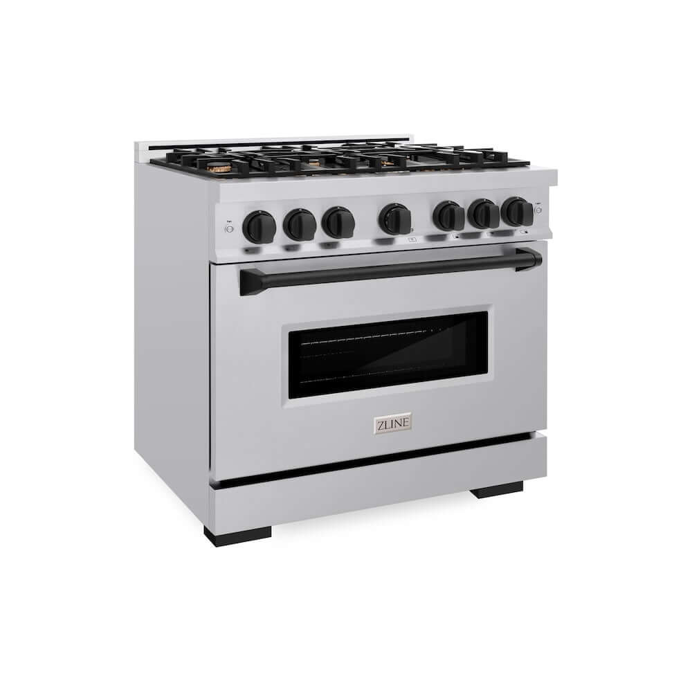 ZLINE Autograph Edition 36 in. 5.2 cu. ft. Classic Gas Range with 6 Burner Cooktop and Convection Gas Oven in Stainless Steel and Matte Black Accents, Open Box-Good Condition