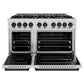 ZLINE Autograph Edition 48 in. 6.7 cu. ft. Classic Double Oven Gas Range with 8 Burner Cooktop in Stainless Steel and Matte Black Accents (CGRZ-48-MB) front, oven open.