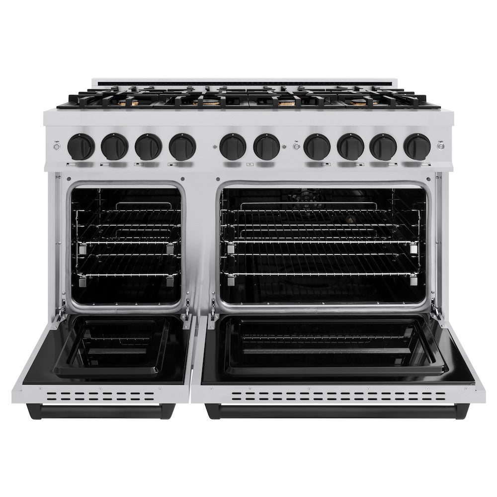 ZLINE Autograph Edition 48 in. 6.7 cu. ft. Classic Double Oven Gas Range with 8 Burner Cooktop in Stainless Steel and Matte Black Accents (CGRZ-48-MB) front, oven open.