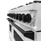 ZLINE Autograph Edition 48 in. 6.7 cu. ft. Classic Double Oven Gas Range with 8 Burner Cooktop in Stainless Steel and Matte Black Accents (CGRZ-48-MB) close-up detail, cooktop and oven knobs about oven door handle.