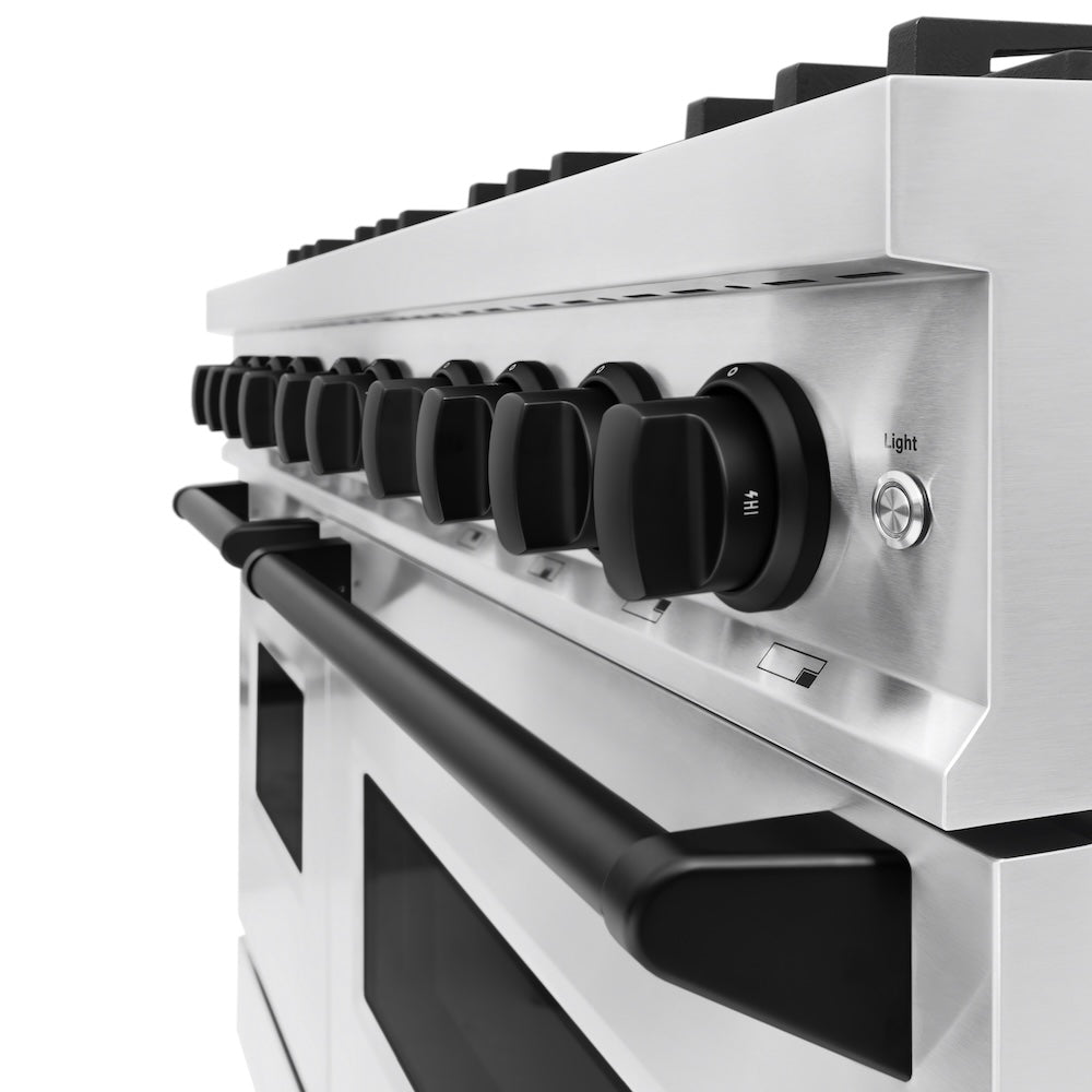 ZLINE Autograph Edition 48 in. 6.7 cu. ft. Classic Double Oven Gas Range with 8 Burner Cooktop in Stainless Steel and Matte Black Accents (CGRZ-48-MB) close-up detail, cooktop and oven knobs about oven door handle.