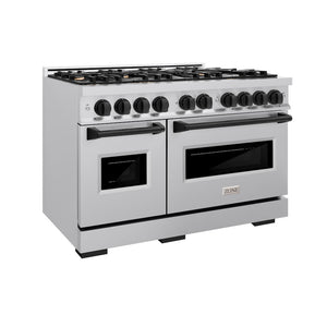 ZLINE Autograph Edition 48 in. 6.7 cu. ft. Classic Double Oven Gas Range with 8 Burner Cooktop in Stainless Steel and Matte Black Accents (CGRZ-48-MB) main image.