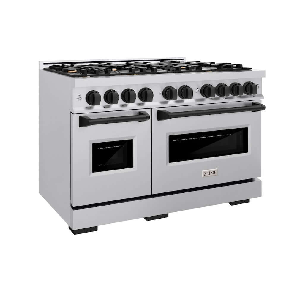 ZLINE Autograph Edition 48 in. 6.7 cu. ft. Classic Double Oven Gas Range with 8 Burner Cooktop in Stainless Steel and Matte Black Accents, Open Box-Good Condition
