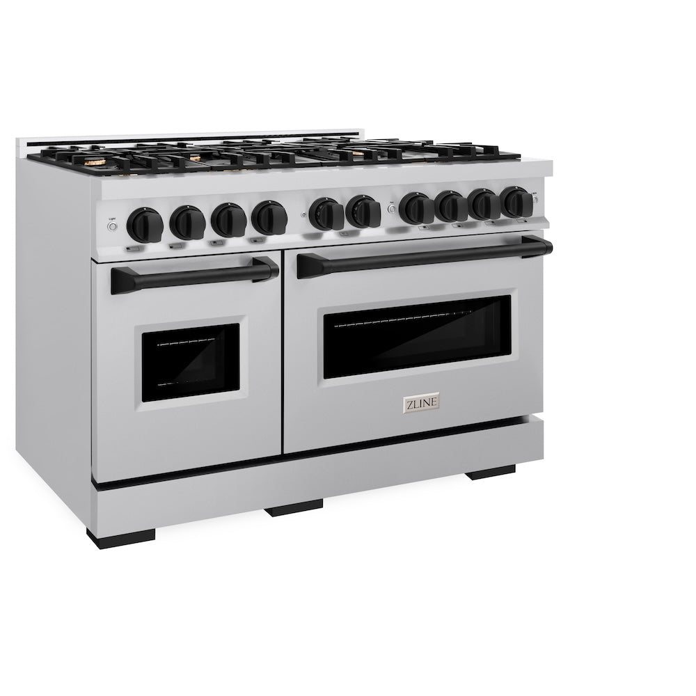 ZLINE Autograph Edition 48 in. 6.7 cu. ft. Classic Double Oven Gas Range with 8 Burner Cooktop in Stainless Steel and Matte Black Accents (CGRZ-48-MB) side, oven closed.