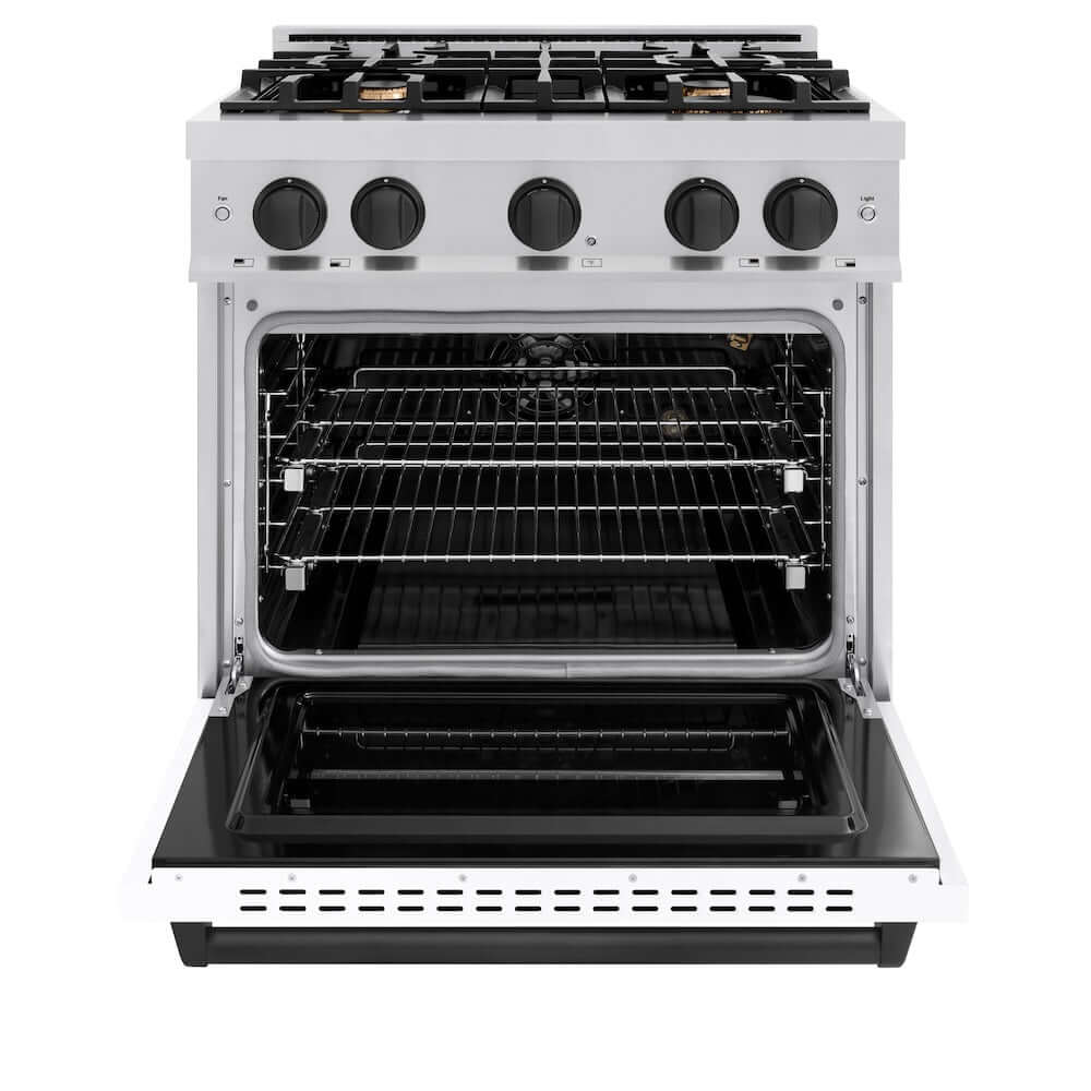 ZLINE Autograph Edition 30 in. 4.2 cu. ft. Classic Gas Range with 4 Burner Cooktop and Convection Gas Oven in Stainless Steel with White Matte Door and Matte Black Accents (CGRZ-WM-30-MB) front, oven open.