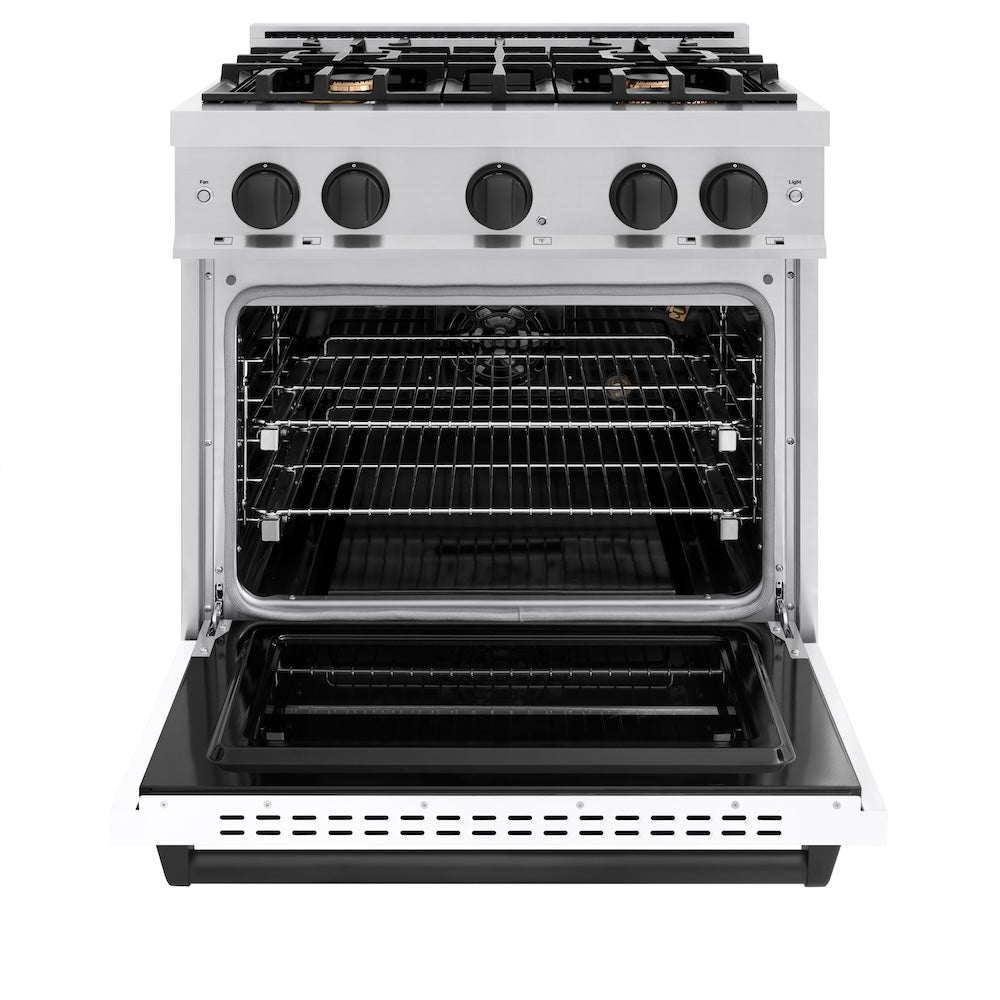 ZLINE Autograph Edition 30 in. 4.2 cu. ft. Classic Gas Range with 4 Burner Cooktop and Convection Gas Oven in Stainless Steel with White Matte Door and Matte Black Accents, Open Box-Great Condition