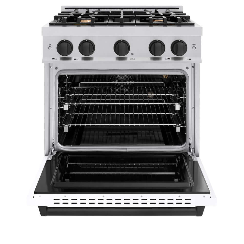 ZLINE Autograph Edition 30 in. 4.2 cu. ft. Classic Gas Range with 4 Burner Cooktop and Convection Gas Oven in Stainless Steel with White Matte Door and Matte Black Accents, Open Box-Good Condition