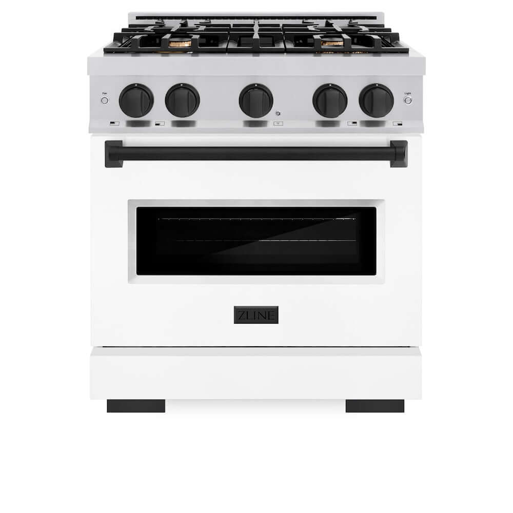 ZLINE Autograph Edition 30 in. 4.2 cu. ft. Classic Gas Range with 4 Burner Cooktop and Convection Gas Oven in Stainless Steel with White Matte Door and Matte Black Accents (CGRZ-WM-30-MB) front, oven closed.