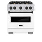 ZLINE Autograph Edition 30 in. 4.2 cu. ft. Classic Gas Range with 4 Burner Cooktop and Convection Gas Oven in Stainless Steel with White Matte Door and Matte Black Accents (CGRZ-WM-30-MB) front, oven closed.
