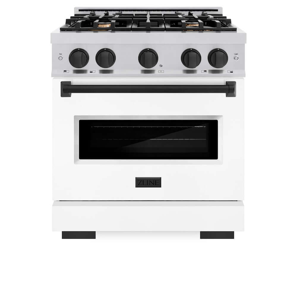 ZLINE Autograph Edition 30 in. 4.2 cu. ft. Classic Gas Range with 4 Burner Cooktop and Convection Gas Oven in Stainless Steel with White Matte Door and Matte Black Accents, Open Box-Good Condition