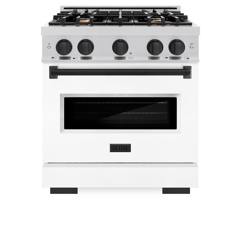 ZLINE Autograph Edition 30 in. 4.2 cu. ft. Classic Gas Range with 4 Burner Cooktop and Convection Gas Oven in Stainless Steel with White Matte Door and Matte Black Accents, Open Box-Great Condition