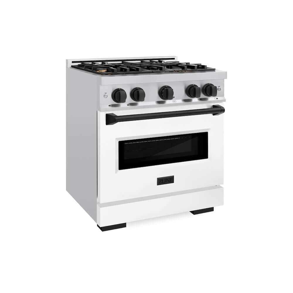 ZLINE Autograph Edition 30 in. 4.2 cu. ft. Classic Gas Range with 4 Burner Cooktop and Convection Gas Oven in Stainless Steel with White Matte Door and Matte Black Accents (CGRZ-WM-30-MB) side, oven closed.