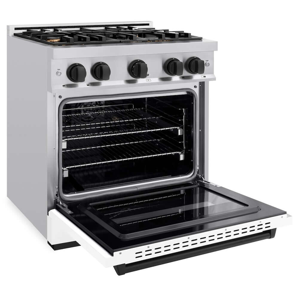 ZLINE Autograph Edition 30 in. 4.2 cu. ft. Classic Gas Range with 4 Burner Cooktop and Convection Gas Oven in Stainless Steel with White Matte Door and Matte Black Accents (CGRZ-WM-30-MB) side, oven open.