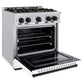 ZLINE Autograph Edition 30 in. 4.2 cu. ft. Classic Gas Range with 4 Burner Cooktop and Convection Gas Oven in Stainless Steel with White Matte Door and Matte Black Accents (CGRZ-WM-30-MB) side, open.
