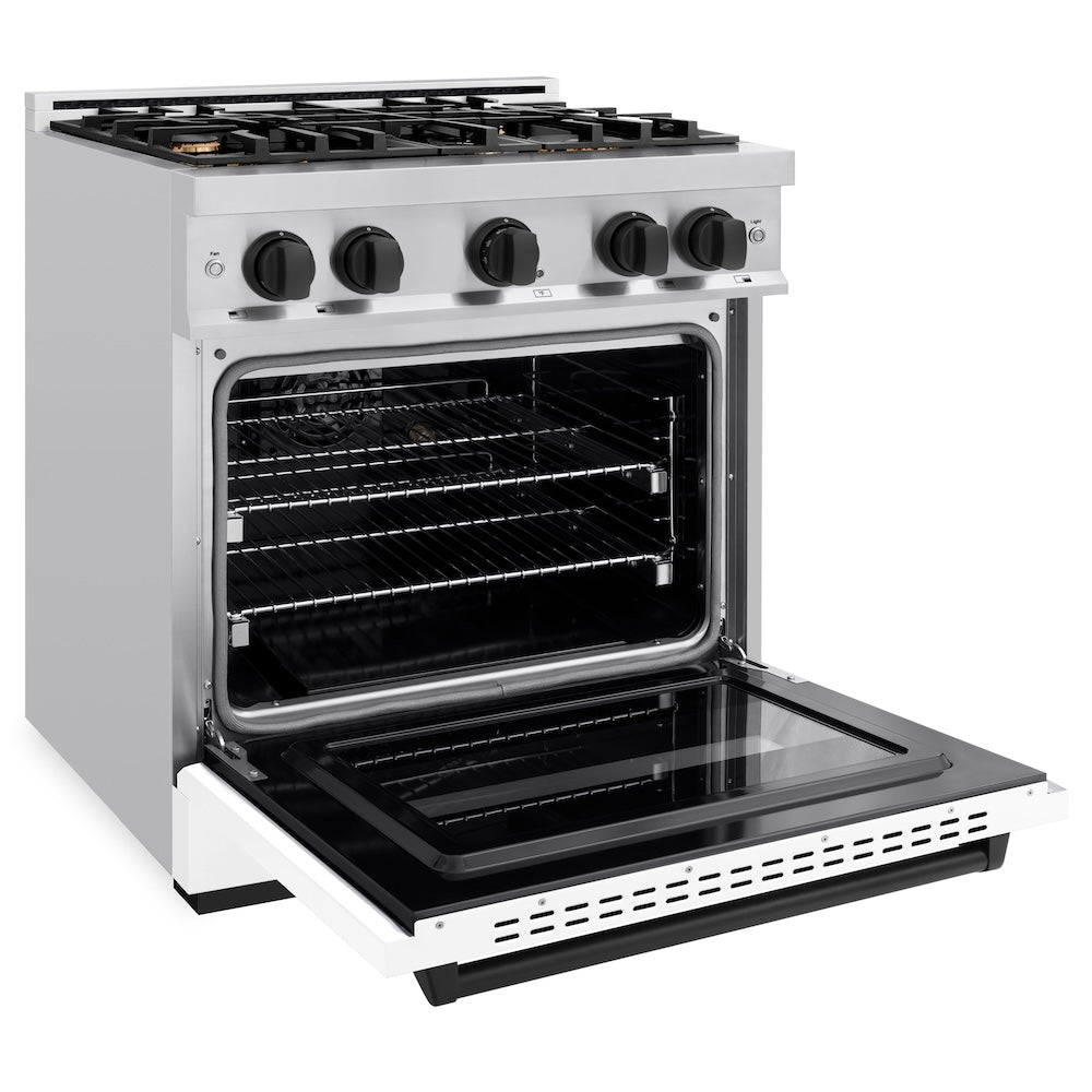 ZLINE Autograph Edition 30 in. 4.2 cu. ft. Classic Gas Range with 4 Burner Cooktop and Convection Gas Oven in Stainless Steel with White Matte Door and Matte Black Accents, Open Box-Great Condition
