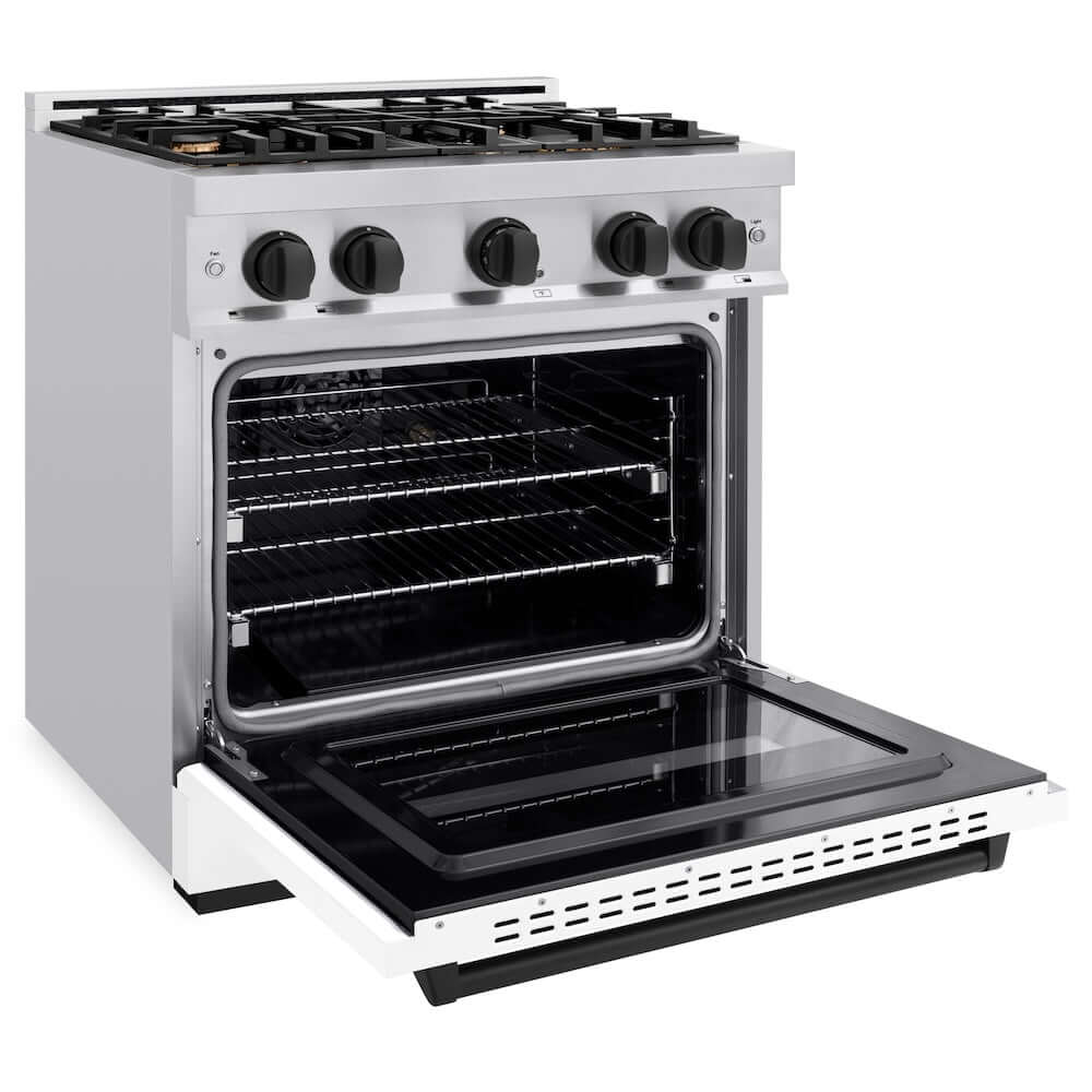 ZLINE Autograph Edition 30 in. 4.2 cu. ft. Classic Gas Range with 4 Burner Cooktop and Convection Gas Oven in Stainless Steel with White Matte Door and Matte Black Accents, Open Box-Good Condition