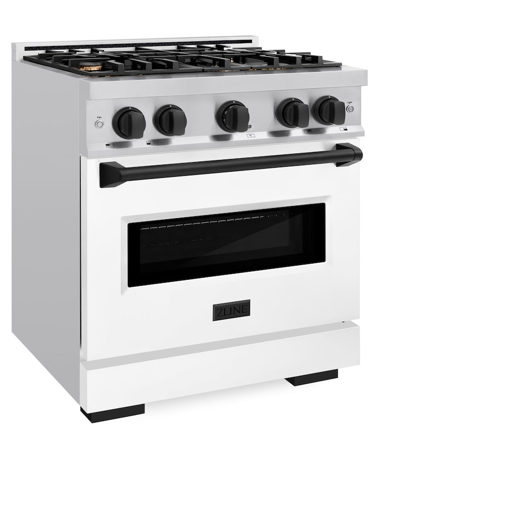 ZLINE Autograph Edition 30 in. 4.2 cu. ft. Classic Gas Range with 4 Burner Cooktop and Convection Gas Oven in Stainless Steel with White Matte Door and Matte Black Accents, Open Box-Great Condition