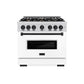 ZLINE Autograph Edition 36 in. 5.2 cu. ft. Classic Gas Range with 6 Burner Cooktop and Convection Gas Oven in Stainless Steel with White Matte Door and Matte Black Accents, Open Box-Great Condition