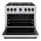 ZLINE Autograph Edition 36 in. 5.2 cu. ft. Classic Gas Range with 6 Burner Cooktop and Convection Gas Oven in Stainless Steel with White Matte Door and Matte Black Accents (CGRZ-WM-36-MB) front, oven open.