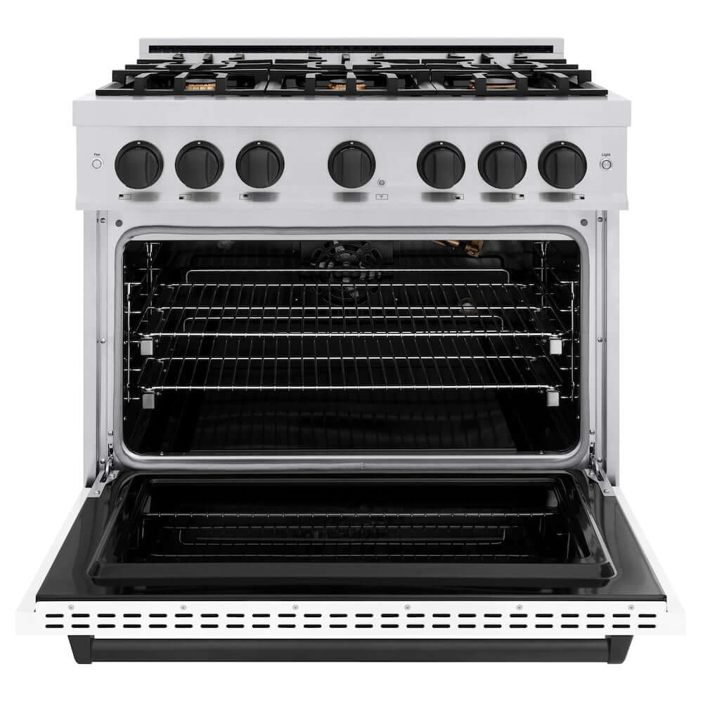 ZLINE Autograph Edition 36 in. 5.2 cu. ft. Classic Gas Range with 6 Burner Cooktop and Convection Gas Oven in Stainless Steel with White Matte Door and Matte Black Accents (CGRZ-WM-36-MB) front, oven open.