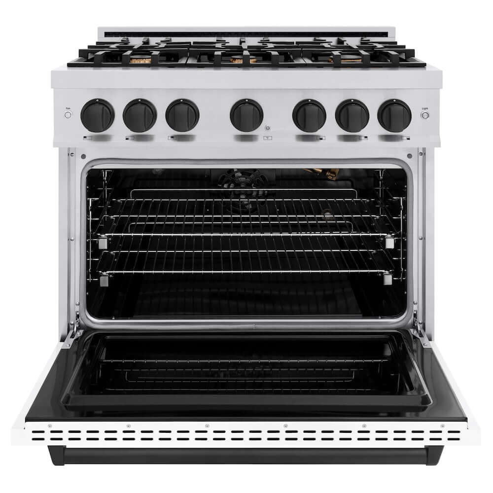 ZLINE Autograph Edition 36 in. 5.2 cu. ft. Classic Gas Range with 6 Burner Cooktop and Convection Gas Oven in Stainless Steel with White Matte Door and Matte Black Accents, Open Box-Good Condition