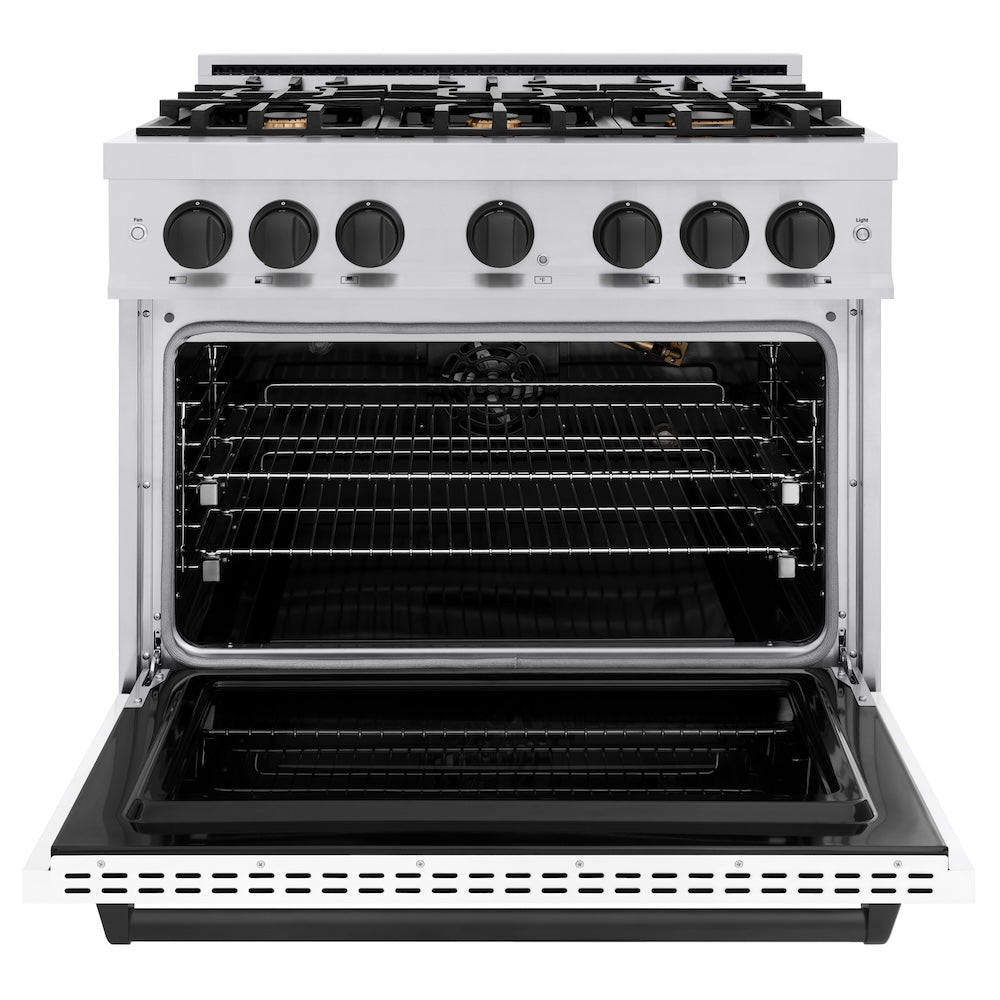 ZLINE Autograph Edition 36 in. 5.2 cu. ft. Classic Gas Range with 6 Burner Cooktop and Convection Gas Oven in Stainless Steel with White Matte Door and Matte Black Accents, Open Box-Great Condition