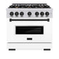 ZLINE Autograph Edition 36 in. 5.2 cu. ft. Classic Gas Range with 6 Burner Cooktop and Convection Gas Oven in Stainless Steel with White Matte Door and Matte Black Accents (CGRZ-WM-36-MB) front, oven closed.