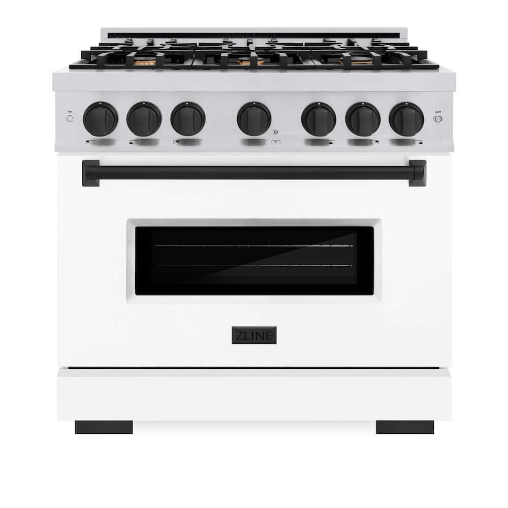 ZLINE Autograph Edition 36 in. 5.2 cu. ft. Classic Gas Range with 6 Burner Cooktop and Convection Gas Oven in Stainless Steel with White Matte Door and Matte Black Accents (CGRZ-WM-36-MB) front, oven closed.