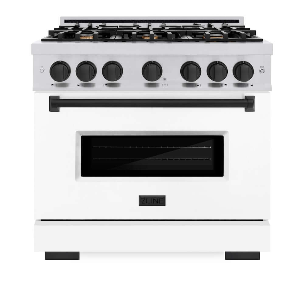ZLINE Autograph Edition 36 in. 5.2 cu. ft. Classic Gas Range with 6 Burner Cooktop and Convection Gas Oven in Stainless Steel with White Matte Door and Matte Black Accents, Open Box-Good Condition