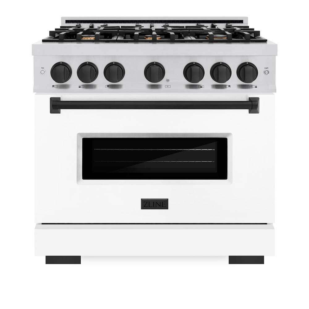 ZLINE Autograph Edition 36 in. 5.2 cu. ft. Classic Gas Range with 6 Burner Cooktop and Convection Gas Oven in Stainless Steel with White Matte Door and Matte Black Accents, Open Box-Great Condition