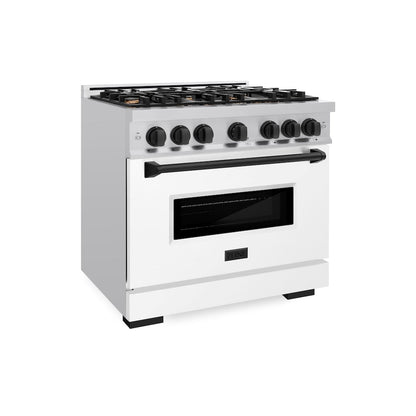 ZLINE Autograph Edition 36 in. 5.2 cu. ft. Classic Gas Range with 6 Burner Cooktop and Convection Gas Oven in Stainless Steel with White Matte Door and Matte Black Accents, Open Box-Great Condition